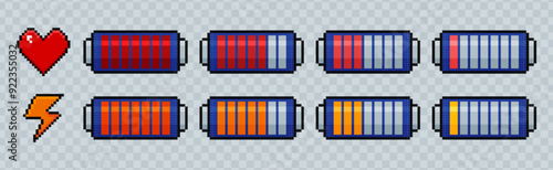 Set of pixel battery charge indicator icons. Phone charging levels in 8bit retro style. Pixelated batteries, love hearts or lightning symbol. Full power and low energy status on transparent background