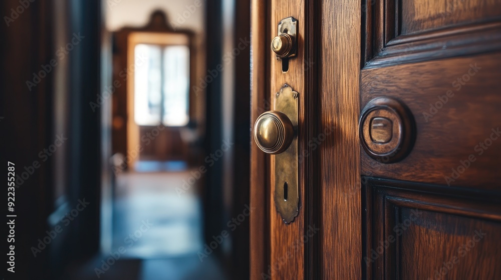 Obraz premium Classic wooden door with a brass handle, leading to a cozy, well-lit hallway.