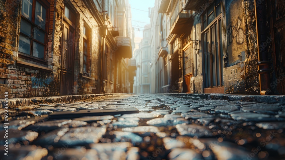 Fototapeta premium Narrow cobblestone alleyway in early morning light with soft shadows and historic buildings