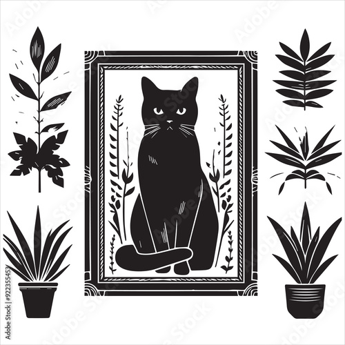 Print A cat and a plant in an illustrated frame  silhouette vector with white background
