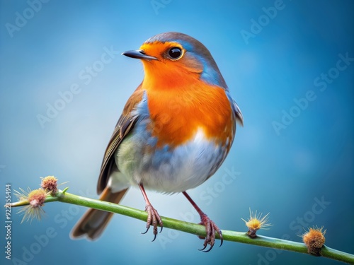 Vibrant red-breasted robin perched on a twig, intricately detailed feathers and sharp eyes, set against a soft, gradient blue isolated background, evoking spring serenity. photo