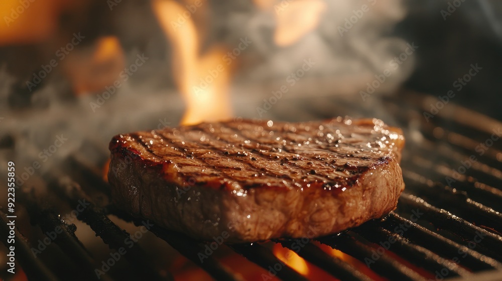 Close-up of a perfectly seared beef steak on a hot grill, with flames and smoke in the background. Close-up of a perfectly seared beef steak on a hot grill, with flames and smoke in the background.