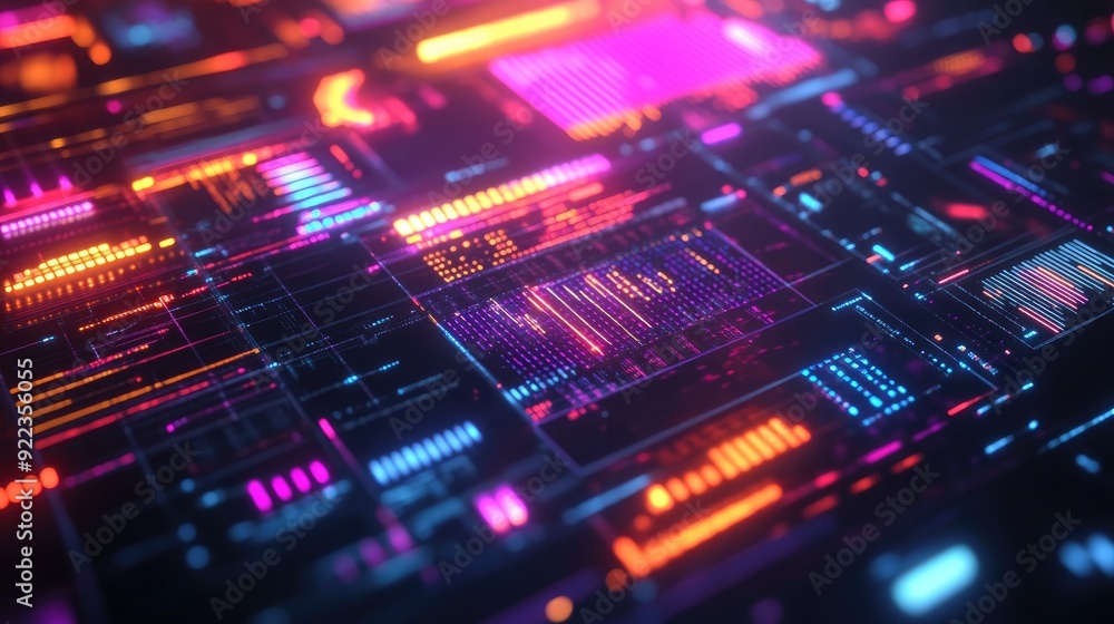 Close-up of a virtual reality interface with glowing elements and digital data streams. Close-up of a virtual reality interface with glowing elements and digital data streams.