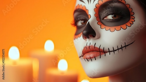 Calavera makeup with lit candles in the background, Day of the Dead heritage, photorealistic, detailedselective focus on foreground, copy space for text, ultra HD, photo