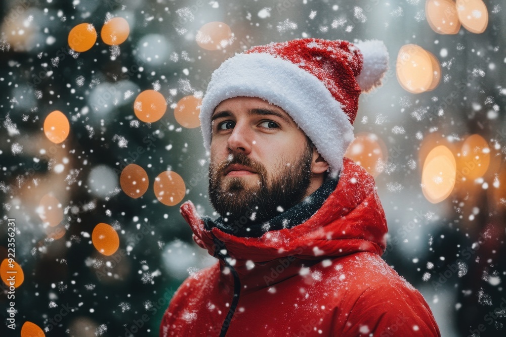 A man in a red coat and hat is standing in the snow, A festive and relaxed mood A man in a red coat and hat is standing in the snow, A festive and relaxed mood