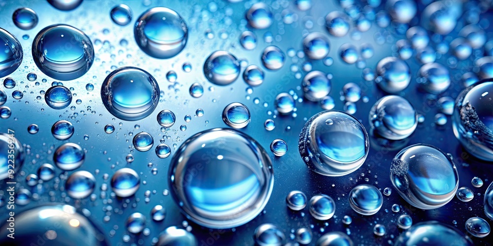 Water drops on a blue background with bubbles, magnified for a microscopic view , water, drops, blue background Water drops on a blue background with bubbles, magnified for a microscopic view , water, drops, blue background