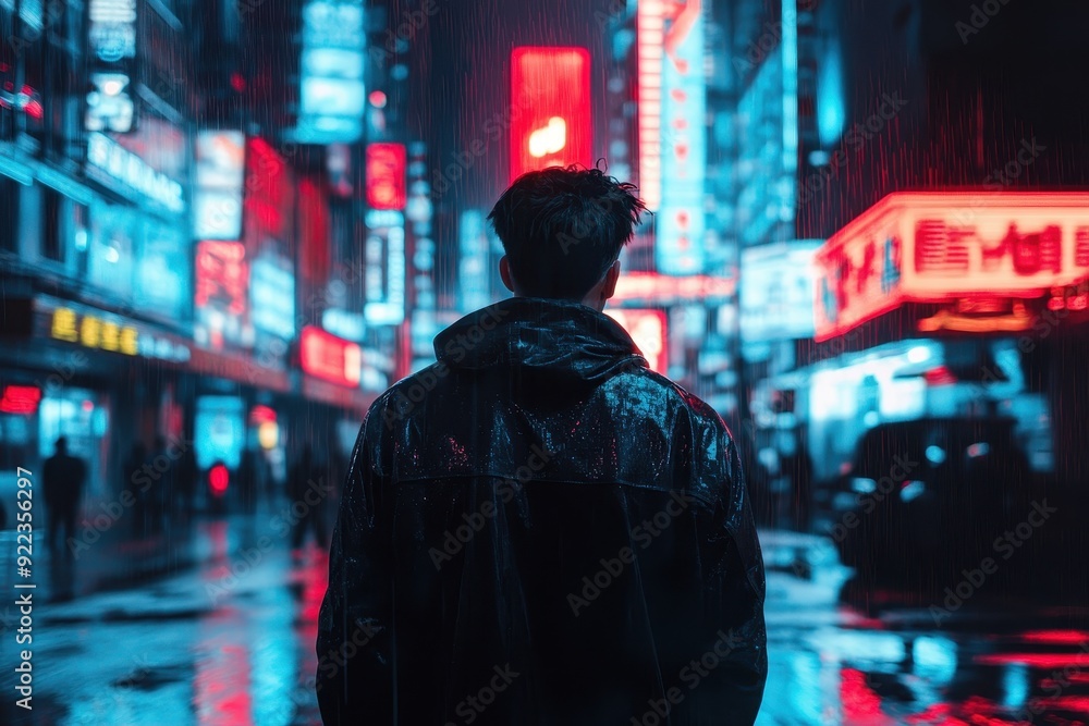 A man stands in the rain in front of a neon sign, The city is lit up with bright lights