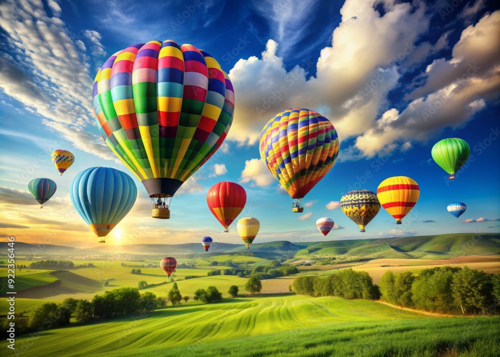 Obraz premium Vibrant hot air balloons of various colors and shapes soar above a green landscape, casting long shadows, against a clear blue sky with puffy white clouds.