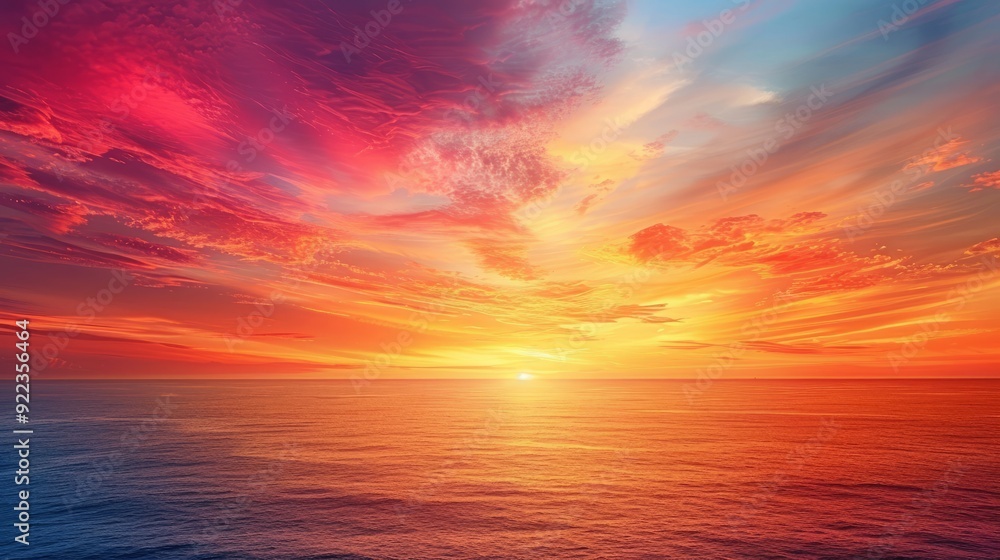 Vibrant sunset over tranquil ocean waters reflecting colorful clouds Vibrant sunset over tranquil ocean waters reflecting colorful clouds
