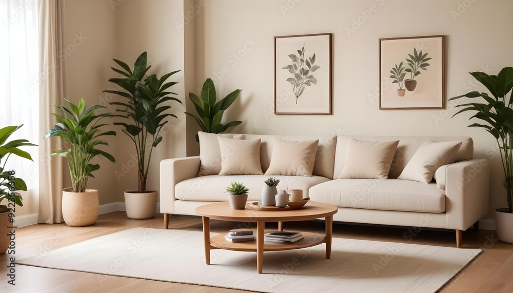 A modern living room with a beige sofa, wooden coffee table, and potted plants in the background. A modern living room with a beige sofa, wooden coffee table, and potted plants in the background.