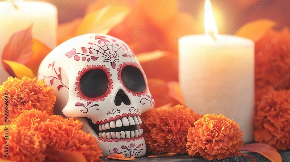 Candlelit sugar skulls and marigolds on an altar, Day of the Dead, digital illustration, colorful and warmselective focus on foreground, copy space for text, ultra HD, Candlelit sugar skulls and marigolds on an altar, Day of the Dead, digital illustration, colorful and warmselective focus on foreground, copy space for text, ultra HD,