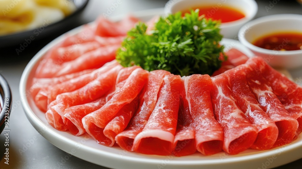 Close-up of thinly sliced beef for hot pot, arranged neatly on a white plate with dipping sauces. Close-up of thinly sliced beef for hot pot, arranged neatly on a white plate with dipping sauces.