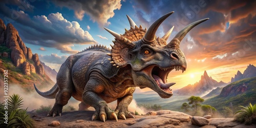 Fierce prehistoric Triceratops roars with mouth agape, showcasing intricate scaly skin texture, sharp teeth, and powerful jaws in a stunningly realistic ancient landscape scene.