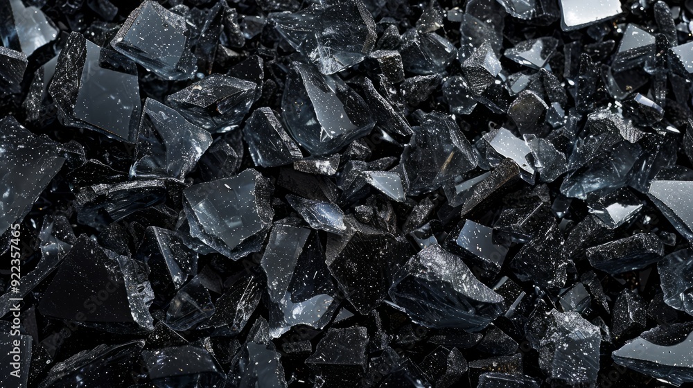 Close-up of shiny black obsidian stones scattered on a dark surface Close-up of shiny black obsidian stones scattered on a dark surface