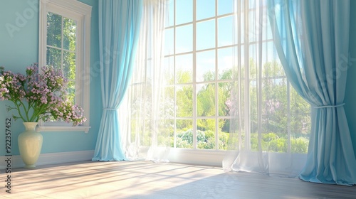 Curtains in a soft pastel hue gently pulled back to reveal a bright, sunlit room with a garden view.