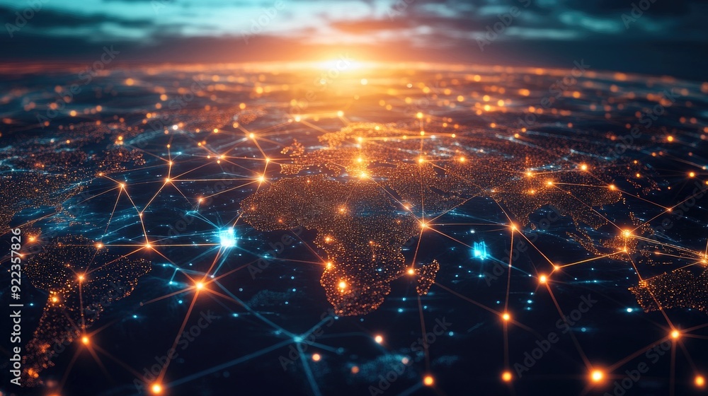 Digital business network with glowing connections linking various global nodes. Digital business network with glowing connections linking various global nodes.