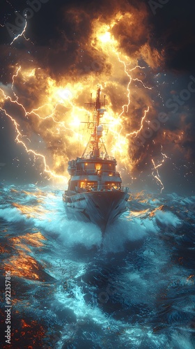 A dramatic stormy sea with a ship facing intense lightning strikes and rough waves, capturing nature's fury and the ship's endurance. photo