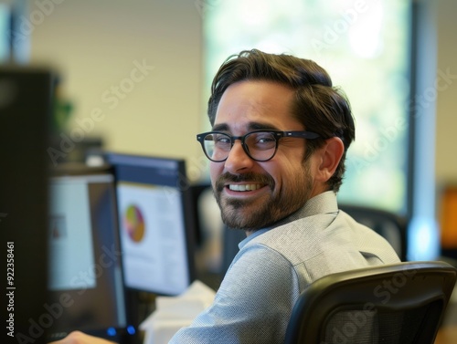 A happy bearded man wearing glasses working on a computer in an office.