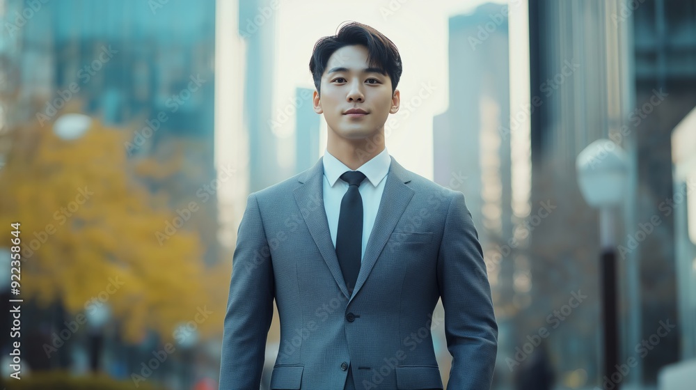 A clean-cut young Korean man stands confidently in an urban setting, surrounded by autumn foliage and modern buildings. A clean-cut young Korean man stands confidently in an urban setting, surrounded by autumn foliage and modern buildings.