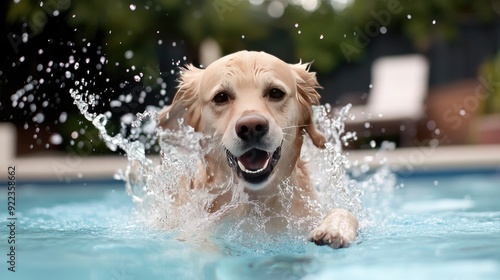 Excited dog splashing in a shallow pool, water droplets flying, as it enjoys a refreshing summer playtime.