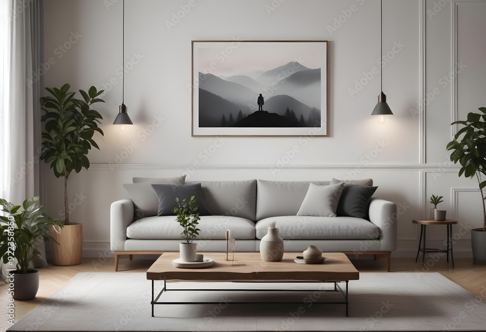 The living room features a gray sofa, a wooden coffee table The living room features a gray sofa, a wooden coffee table