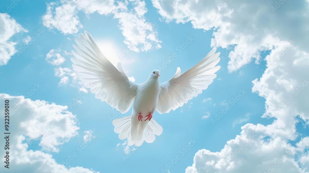 A clear blue sky with gentle, white clouds and a white dove spreading its wings wide A clear blue sky with gentle, white clouds and a white dove spreading its wings wide