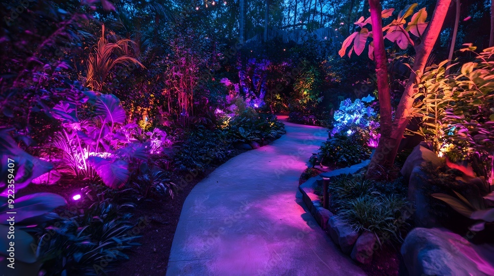Fototapeta premium Enchanting Nighttime Garden Path with Vibrant Tropical Foliage and Colorful Lighting