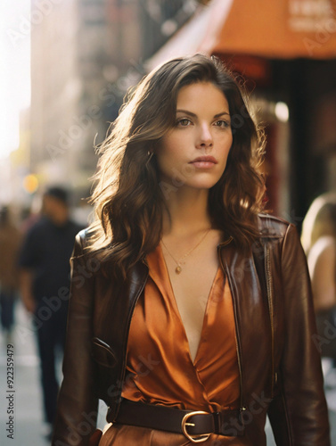 Portrait of gorgeous fashionable young woman in leather jacket in the city street, fall fashion streetwear