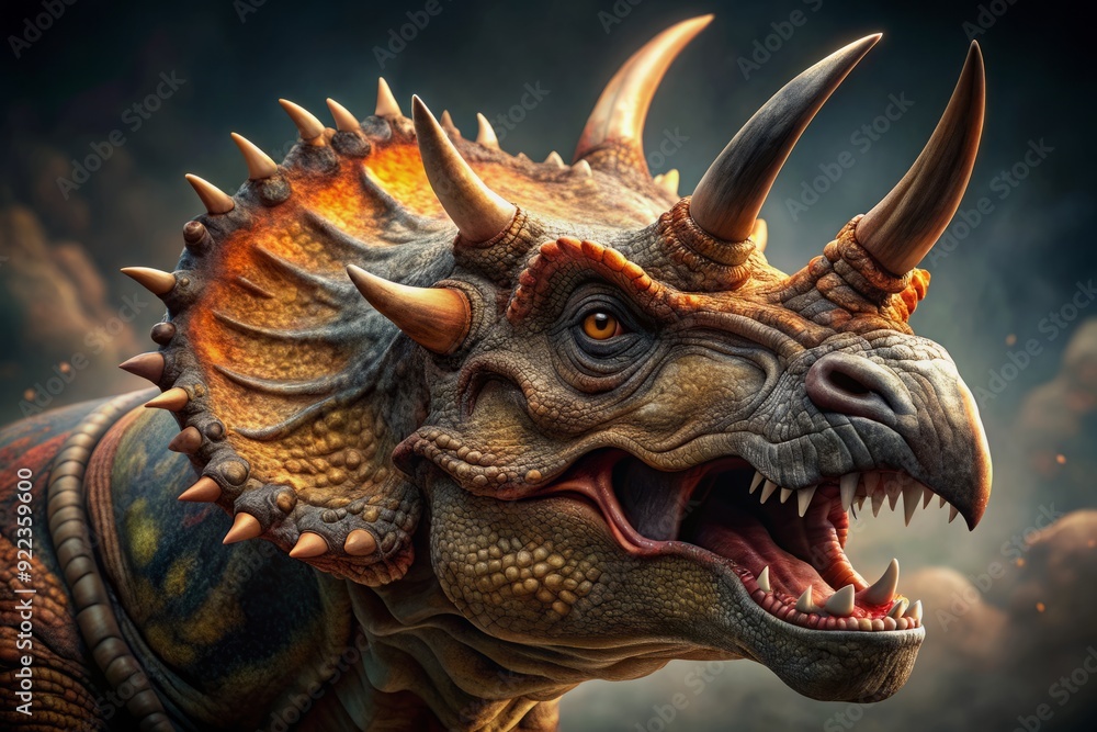 Fierce prehistoric Triceratops roars with intense ferocity, showcasing intricate skin texture and razor-sharp teeth in a powerful, lifelike, and intimidating ancient creature portrait. Fierce prehistoric Triceratops roars with intense ferocity, showcasing intricate skin texture and razor-sharp teeth in a powerful, lifelike, and intimidating ancient creature portrait.