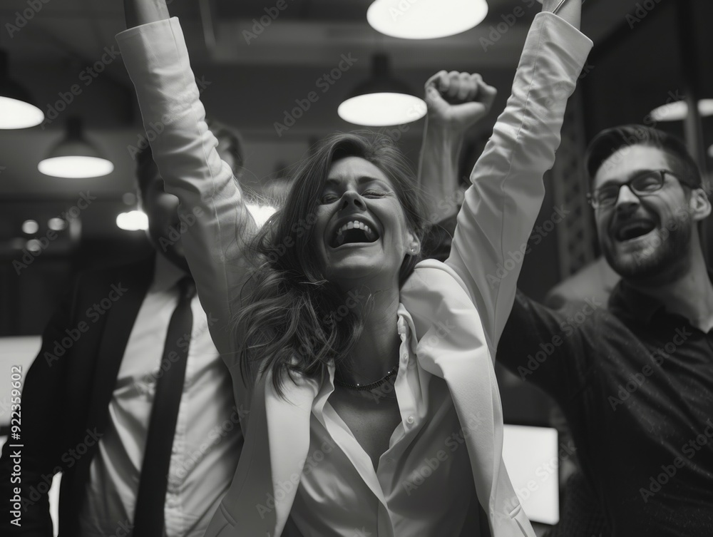 A team cheering in an office setting. A team cheering in an office setting.
