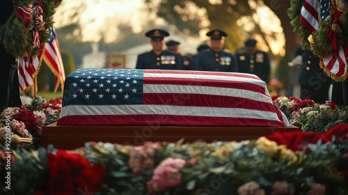 The careful placement of a USA flagdraped casket by a military honor guard on a platform, surrounded by wreaths and flags at a memorial service