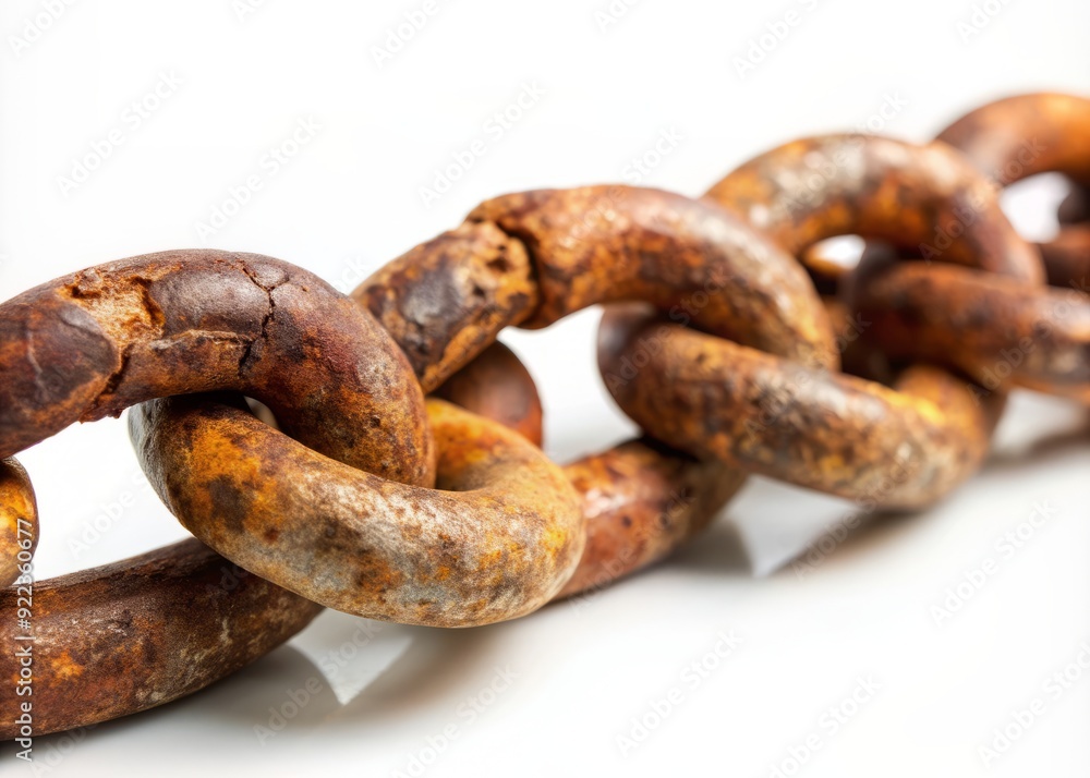 Rusty old chain with worn links and flecks of corrosion, isolated on a clean white background, evoking nostalgia and industrial decay. Rusty old chain with worn links and flecks of corrosion, isolated on a clean white background, evoking nostalgia and industrial decay.