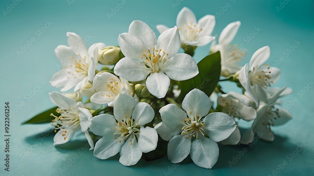 White Jasmine Flower Cluster On A Pale Teal Background White Jasmine Flower Cluster On A Pale Teal Background