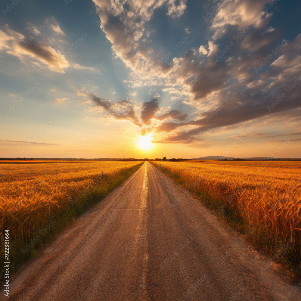 Naklejka premium Serene Sunset Pathway Through Golden Wheat Fields Under a Majestic Sky