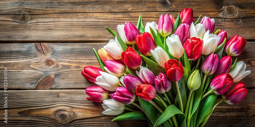 Vibrant bouquet of red, pink, and white tulips on a wooden table, flowers, spring, vibrant, bouquet, tulips, colorful Vibrant bouquet of red, pink, and white tulips on a wooden table, flowers, spring, vibrant, bouquet, tulips, colorful