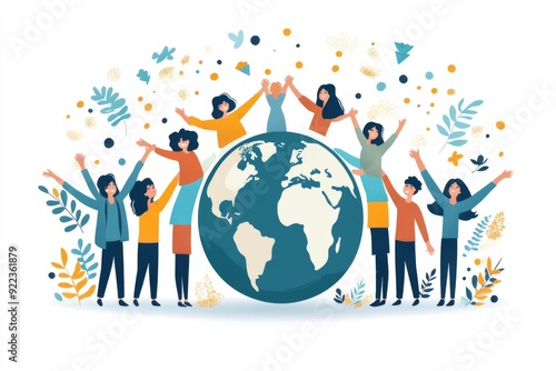 Fototapeta Naklejka Na Ścianę i Meble -  People Surrounding Earth, Celebrating a Happy World