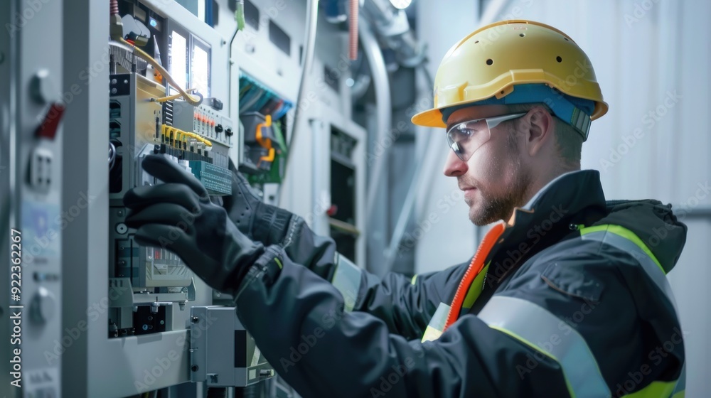 A wind turbine technician in full safety gear working on the turbine control system A wind turbine technician in full safety gear working on the turbine control system