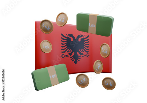 3D render illustration of Albania flag and currency called Lek photo