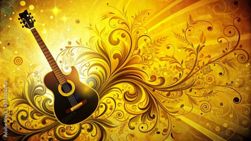 Fototapeta premium Vibrant yellow backdrop showcases elegant guitar silhouette amidst swirling floral patterns, grunge textures, and abstract light waves, evoking a sense of classy rock 'n' roll style.