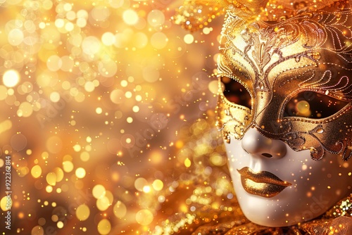 Golden Venetian masquerade mask with sparkling lights and glitter.