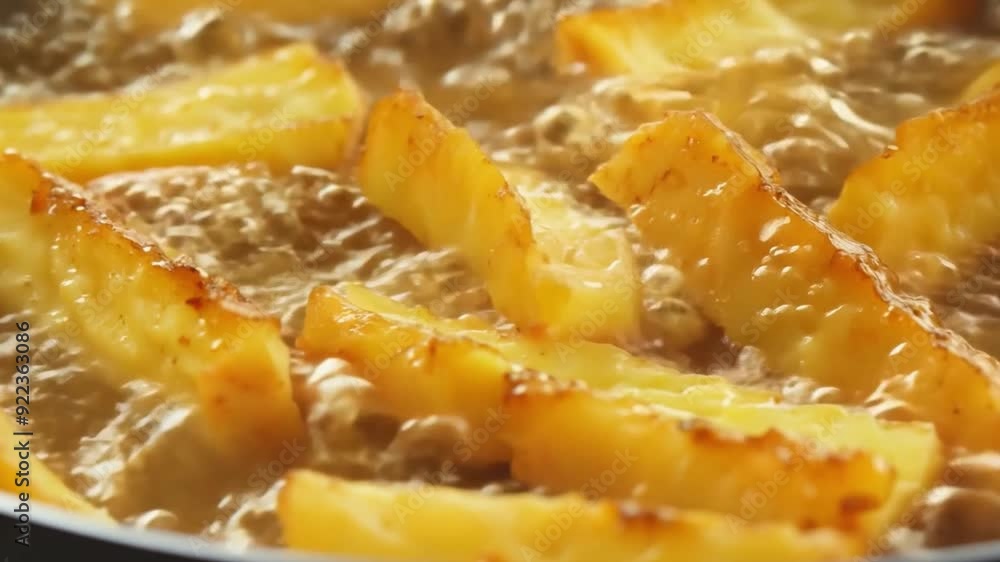 The Slices of plantains frying in bubbling oil until golden brown. The Slices of plantains frying in bubbling oil until golden brown.