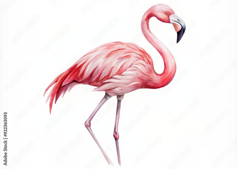 Obraz premium Delicate watercolor illustration featuring a solitary pink flamingo standing serenely on a blank white surface, its vibrant plumage contrasting with the clean backdrop.