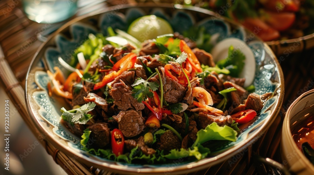 A fresh and vibrant shaved beef salad with mixed greens, crisp vegetables, and a splash of spices. A protein-packed ethnic dish suitable as an appetizer or main course. A fresh and vibrant shaved beef salad with mixed greens, crisp vegetables, and a splash of spices. A protein-packed ethnic dish suitable as an appetizer or main course.