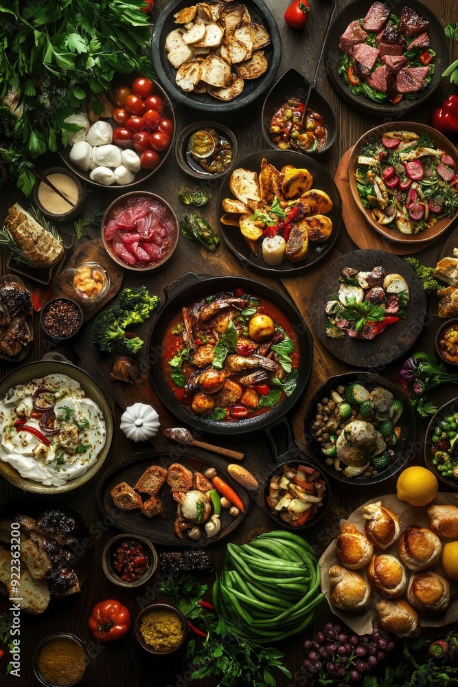 Colorful meal options on cutting board with ingredients around. Colorful meal options on cutting board with ingredients around.
