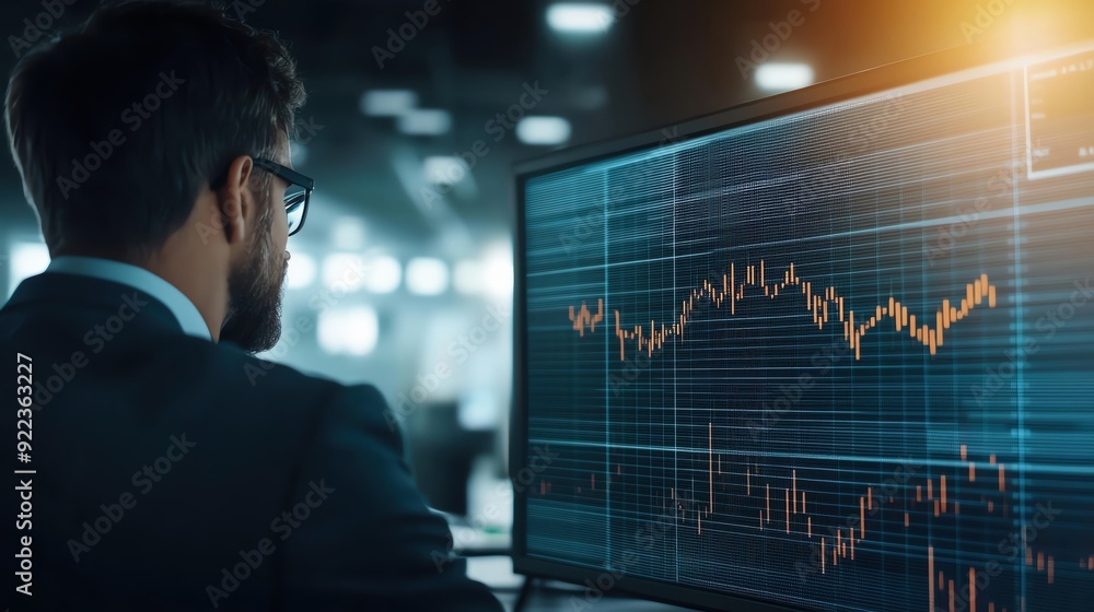 Businessman analyzing market trends on a computer with financial data displayed in a modern office environment. Businessman analyzing market trends on a computer with financial data displayed in a modern office environment.