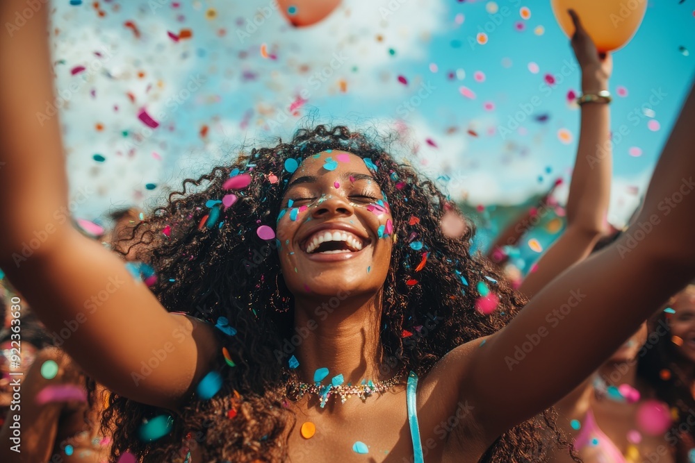 Woman Celebrating with Confetti and Balloons Woman Celebrating with Confetti and Balloons