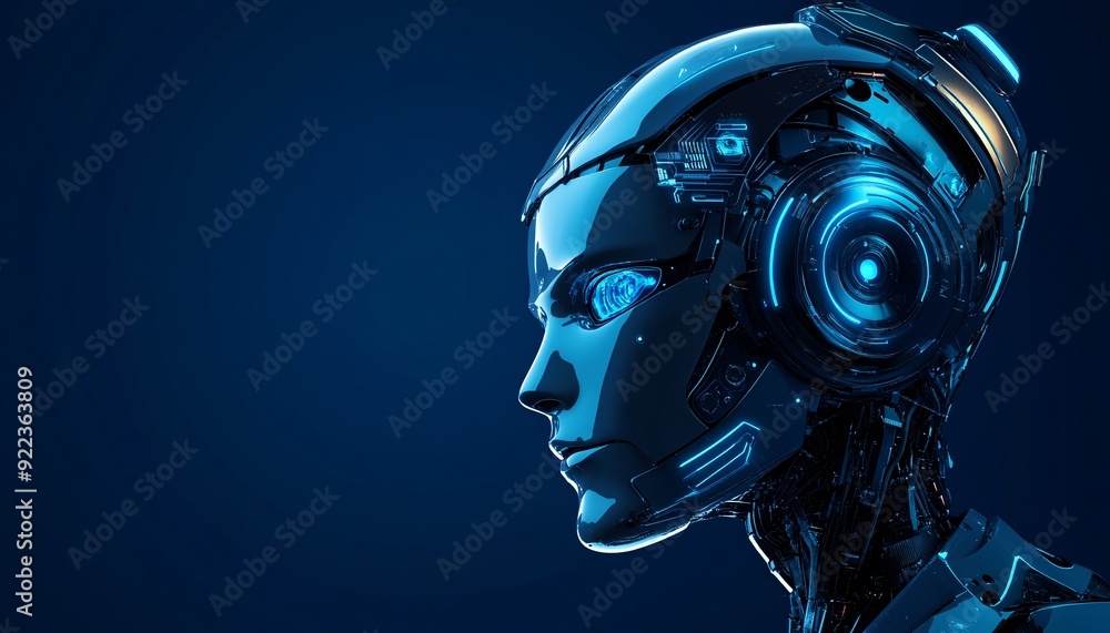Advanced Symbols Adorning a Futuristic Robot Face Against a Deep Background Advanced Symbols Adorning a Futuristic Robot Face Against a Deep Background