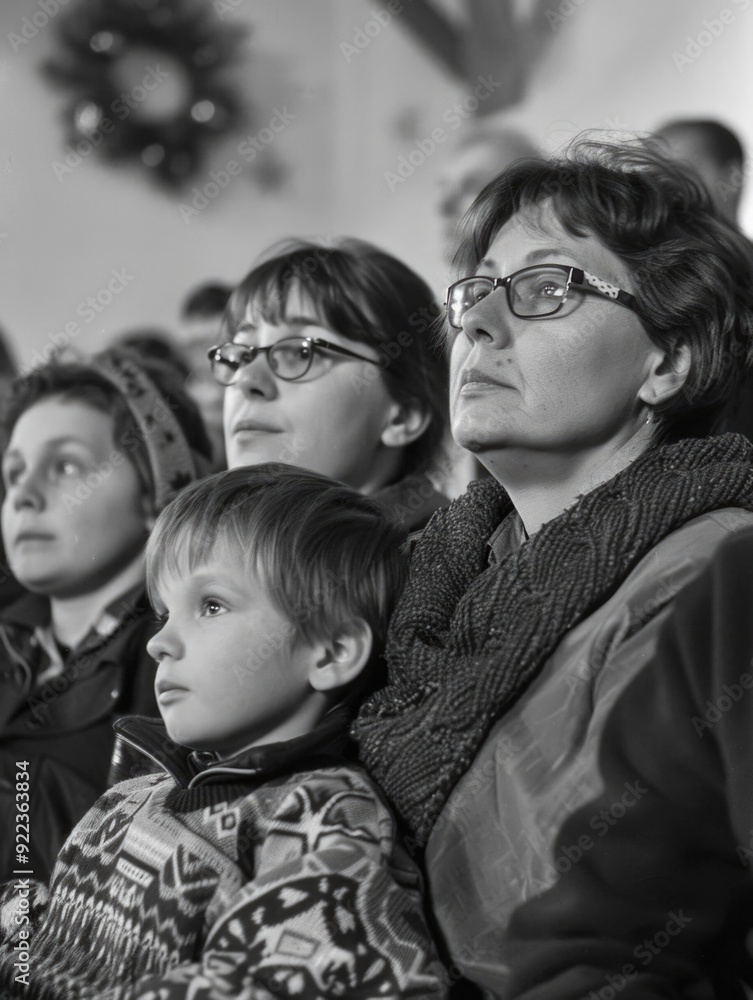Family enjoying a live Christmas concert with an enthusiastic audience. Mother, father and son listen intently. Family enjoying a live Christmas concert with an enthusiastic audience. Mother, father and son listen intently.