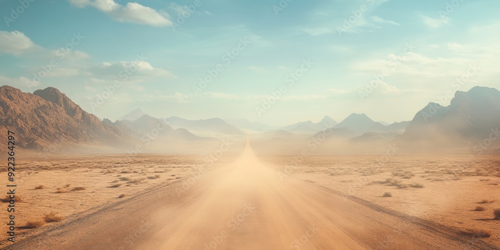 Naklejka premium A winding gravel road leads to the horizon, crossing a beautiful landscape under a clear blue sky, inspiring feelings of freedom and excitement for adventure and outdoor exploration