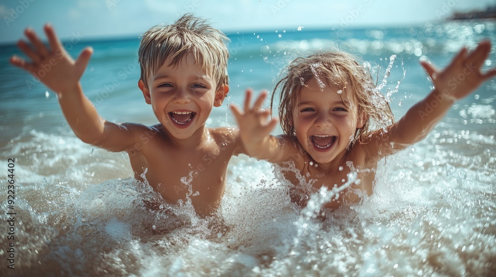 Two happy siblings playing together on the beach. Concept of two friendly siblings Two happy siblings playing together on the beach. Concept of two friendly siblings